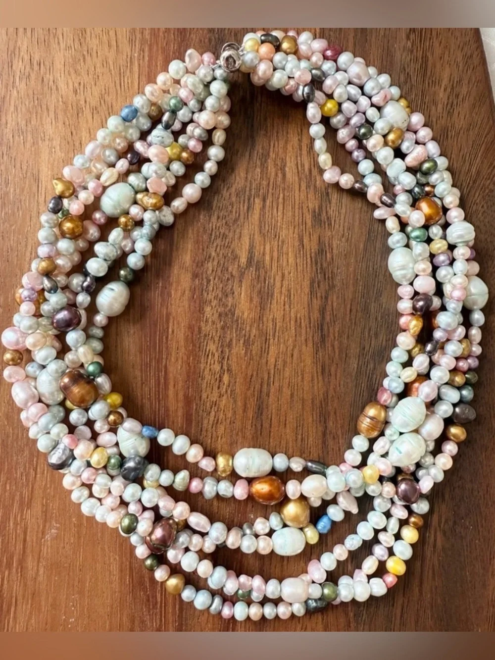 Sterling Silver 925 7-Strand Multi-Color Pearl Genuine Necklace Collar Choker